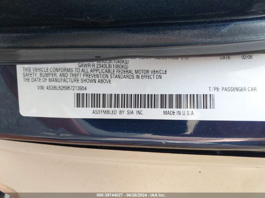 2006 Subaru Legacy 2.5I Limited VIN: 4S3BL626967213954 Lot: 39744027