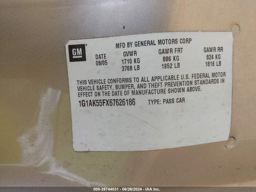 2007 Chevrolet Cobalt Ls VIN: 1G1AK55F477208210 Lot: 39744031