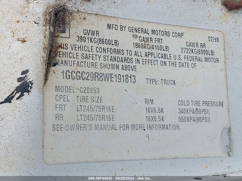 1998 Chevrolet Gmt-400 C2500 VIN: 1GCGC29R8WE191813 Lot: 39744030
