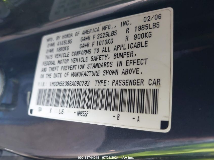 2006 Honda Accord 2.4 Se VIN: 1HGCM56386A090793 Lot: 39744049