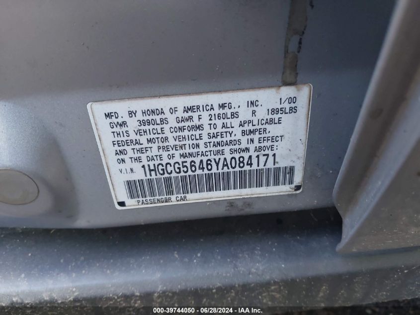 2000 Honda Accord 2.3 Lx VIN: 1HGCG5646YA084171 Lot: 39744050