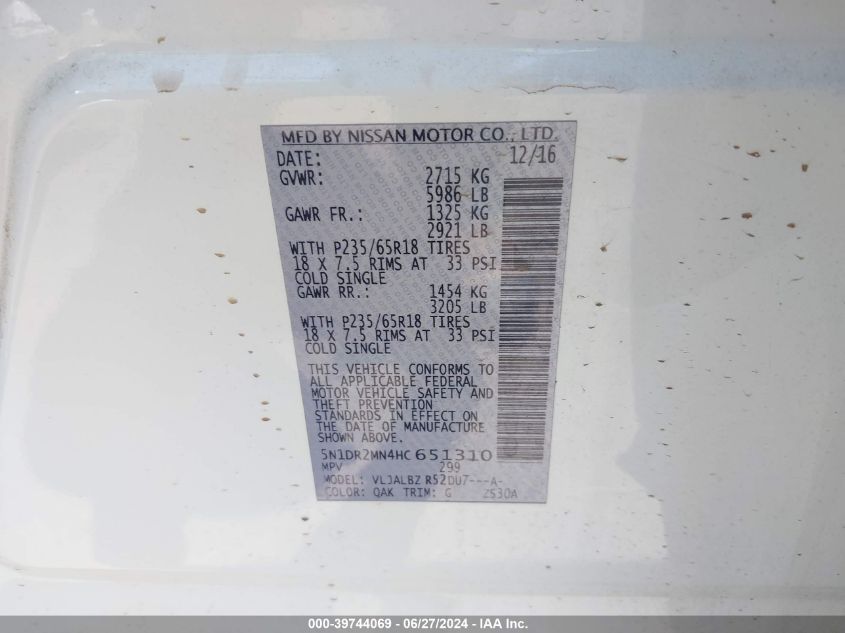 2017 Nissan Pathfinder S VIN: 5N1DR2MN4HC651310 Lot: 39744069