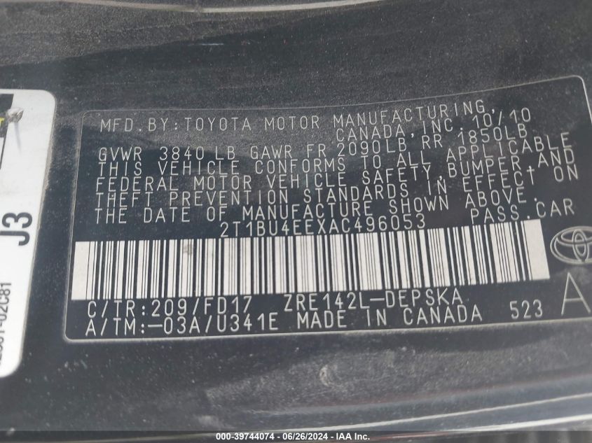 2010 Toyota Corolla S VIN: 2T1BU4EEXAC496053 Lot: 39744074