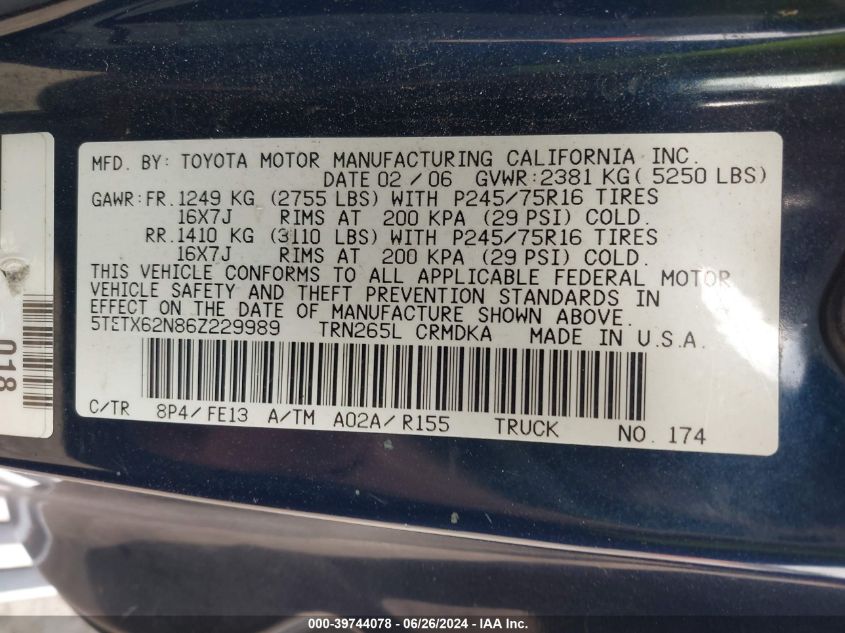 2006 Toyota Tacoma Prerunner Access Cab VIN: 5TETX62N86Z229989 Lot: 39744078
