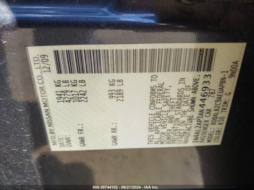 2010 Nissan Altima 2.5 S VIN: 1N4AL2AP3AN446933 Lot: 39744102