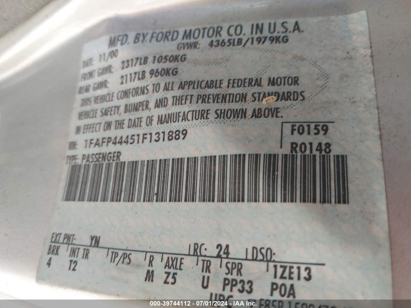 2001 Ford Mustang VIN: 1FAFP44451F131889 Lot: 39744112