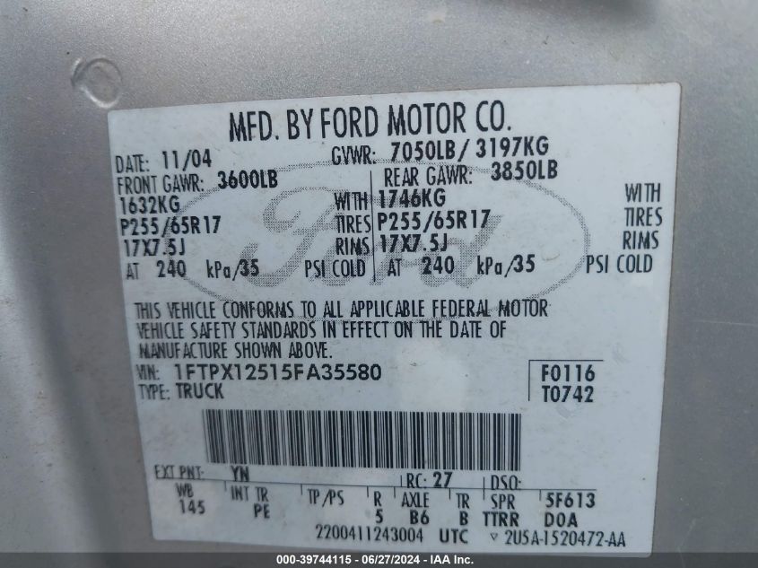 2005 Ford F-150 Lariat/Xl/Xlt VIN: 1FTPX12515FA35580 Lot: 39744115