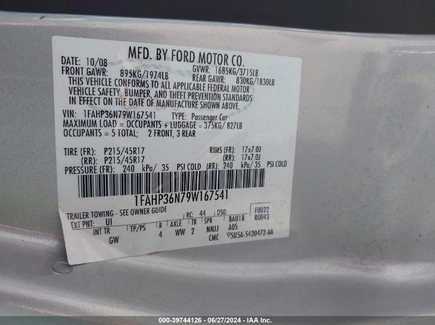 2009 Ford Focus Ses VIN: 1FAHP36N79W167541 Lot: 39744126