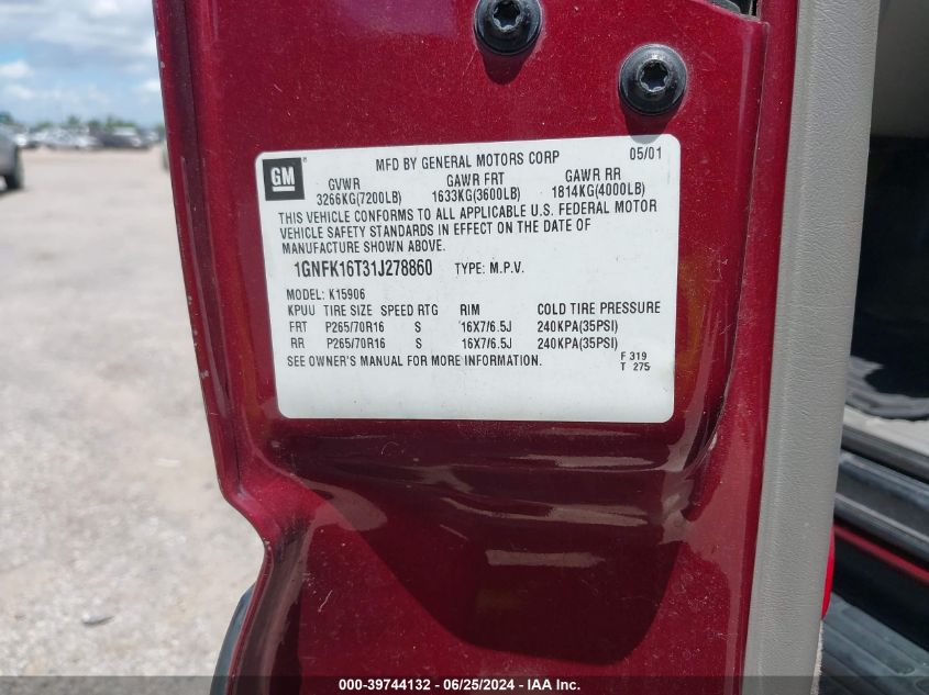 2001 Chevrolet Suburban 1500 Ls VIN: 1GNFK16T31J278860 Lot: 39744132