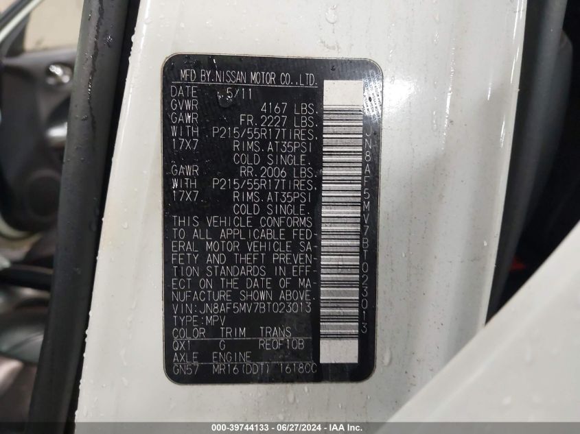 2011 Nissan Juke S/Sv/Sl VIN: JN8AF5MV7BT023013 Lot: 39744133