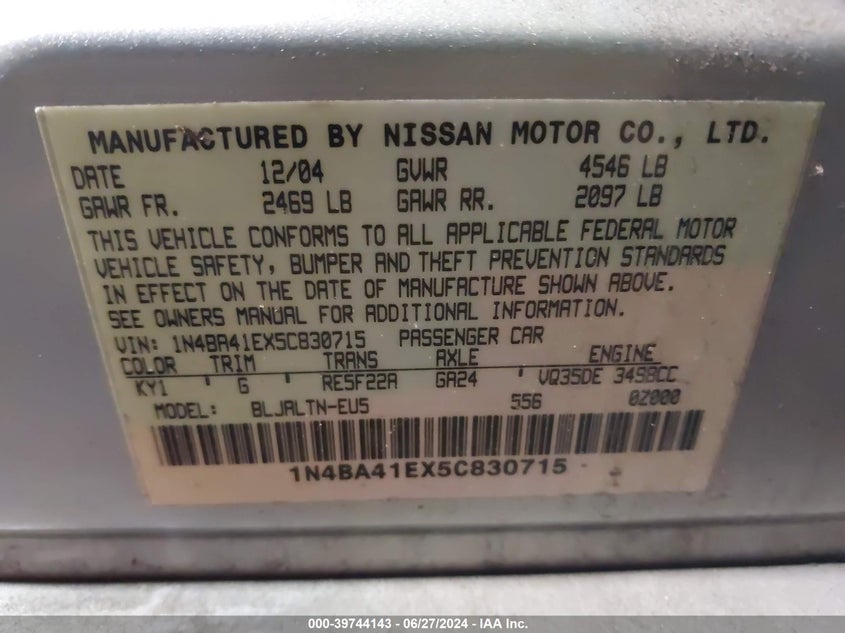 2005 Nissan Maxima Se/Sl VIN: 1N4BA41EX5C830715 Lot: 39744143