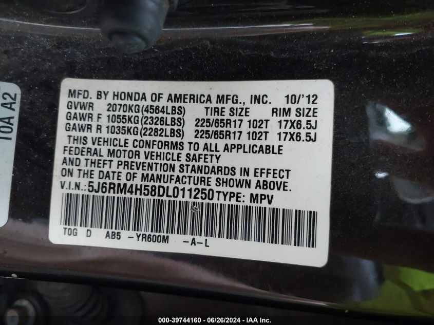 2013 Honda Cr-V Ex VIN: 5J6RM4H58DL011250 Lot: 39744160