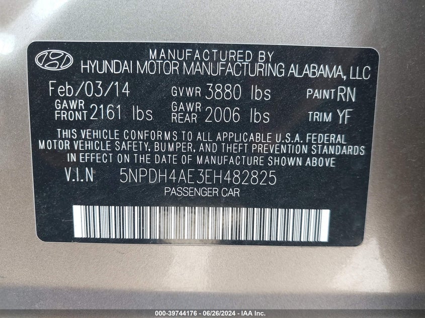 2014 Hyundai Elantra Se/Sport/Limited VIN: 5NPDH4AE3EH482825 Lot: 39744176