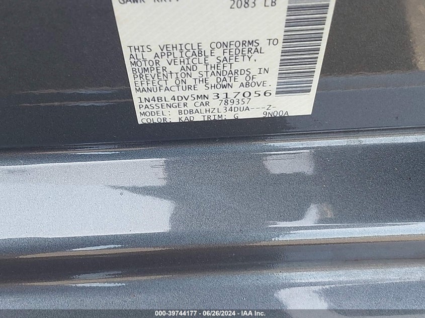 2021 Nissan Altima Sv Fwd VIN: 1N4BL4DV5MN317056 Lot: 39744177