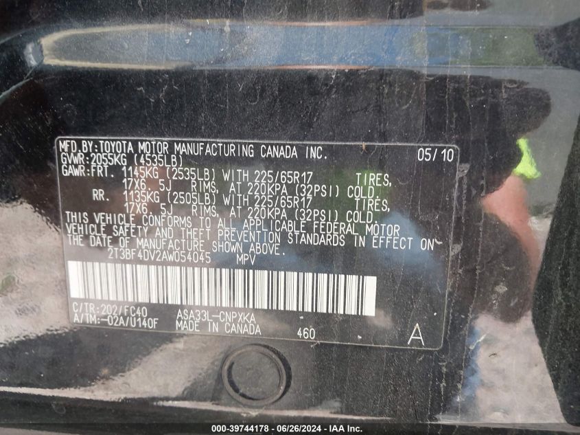 2010 Toyota Rav4 VIN: 2T3BF4DV2AW054045 Lot: 39744178