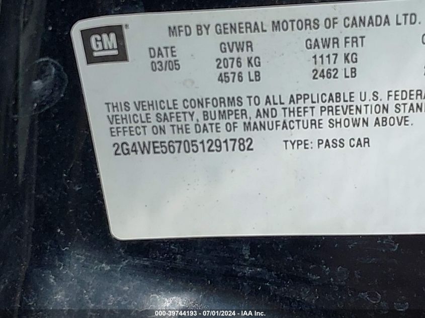 2005 Buick Lacrosse Cxs VIN: 2G4WE567051291782 Lot: 39744193