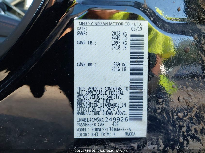 1N4BL4CW5KC249926 2019 Nissan Altima 2.5 Sr