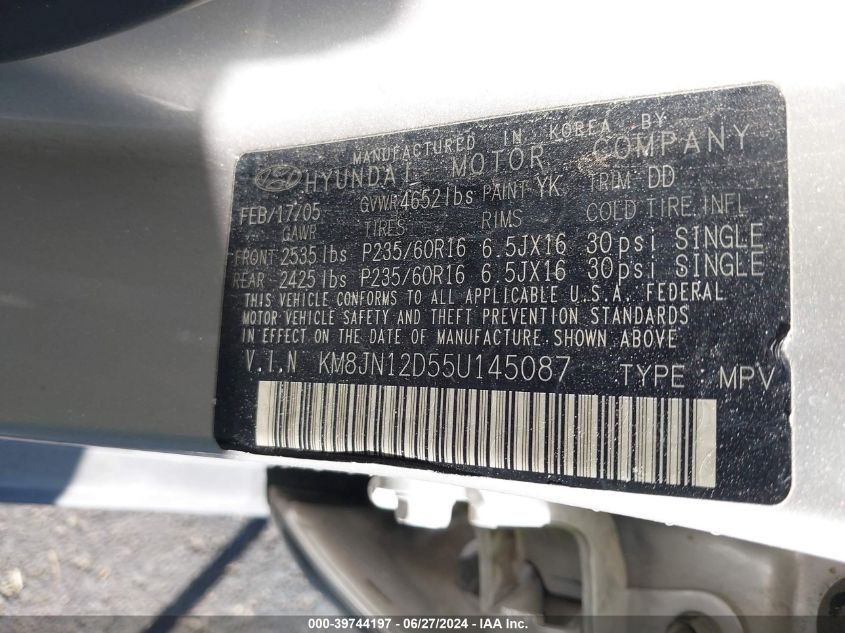 2005 Hyundai Tucson Gls/Lx VIN: KM8JN12D55U145087 Lot: 39744197