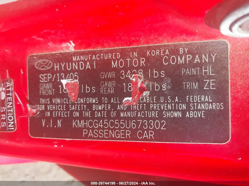 2005 Hyundai Accent Gl VIN: KMHCG45C55U673302 Lot: 39744198