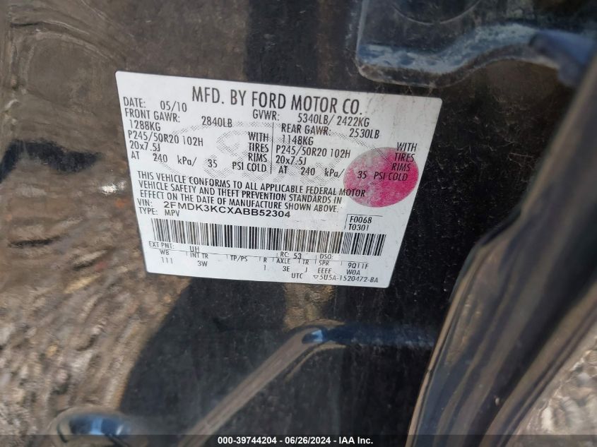 2010 Ford Edge Limited VIN: 2FMDK3KCXABB52304 Lot: 39744204