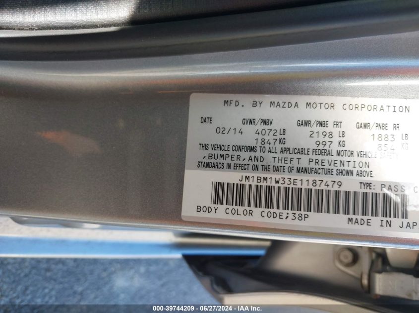 2014 Mazda Mazda3 Grand Touring VIN: JM1BM1W33E1187479 Lot: 39744209