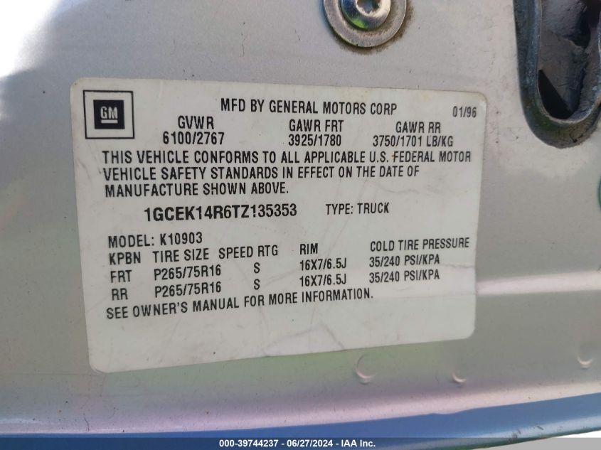1996 Chevrolet Gmt-400 K1500 VIN: 1GCEK14R6TZ135353 Lot: 39744237
