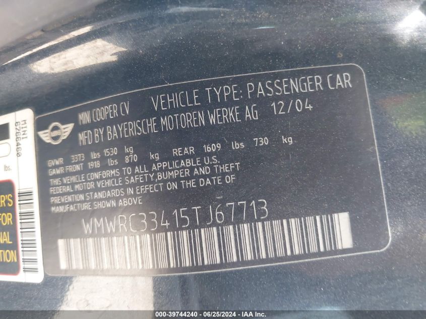 2005 Mini Cooper VIN: WMWRC33415TJ67713 Lot: 39744240