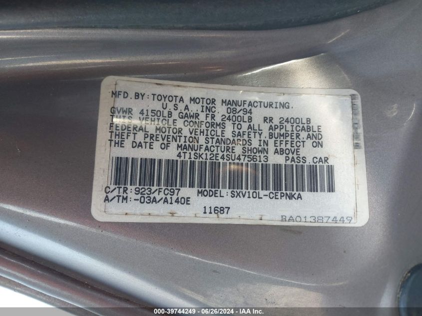 1995 Toyota Camry Le VIN: 4T1SK12E4SU475613 Lot: 39744249