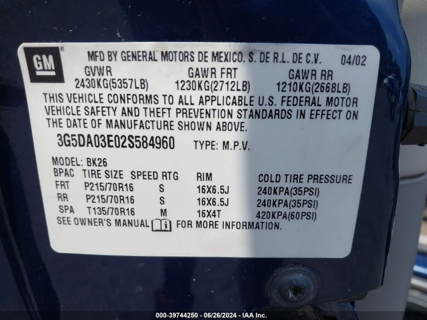 2002 Buick Rendezvous Cx VIN: 3G5DA03E02S584960 Lot: 39744250