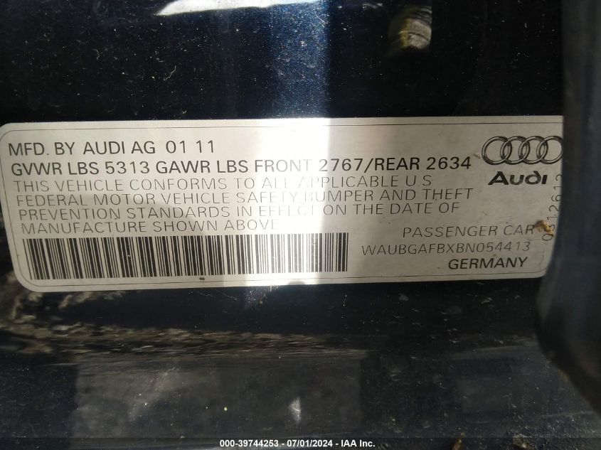 2011 Audi A6 3.0 Premium VIN: WAUBGAFBXBN054413 Lot: 39744253