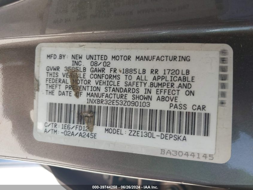 2003 Toyota Corolla S VIN: 1NXBR32E53Z090103 Lot: 39744258