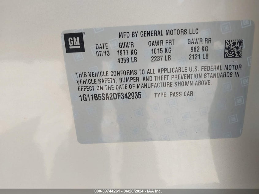 2013 Chevrolet Malibu 1Ls VIN: 1G11B5SA2DF342935 Lot: 39744261