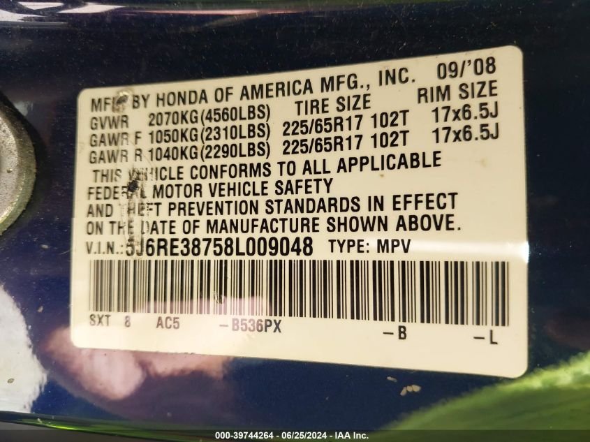 2008 Honda Cr-V Ex-L VIN: 5J6RE38758L009048 Lot: 39744264