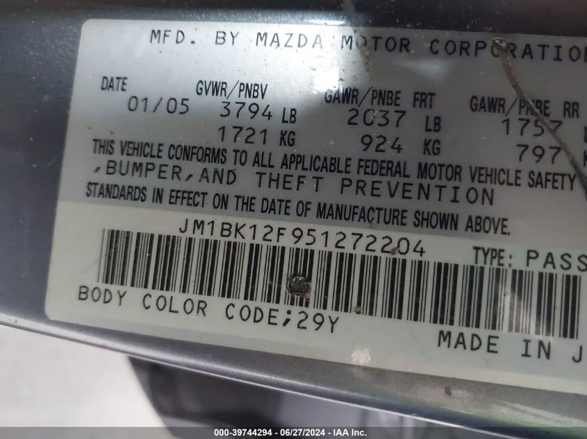2005 Mazda Mazda3 I VIN: JM1BK12F951272204 Lot: 39744294