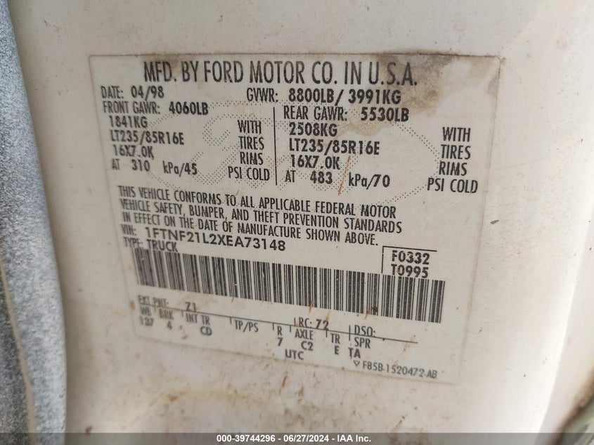 1999 Ford F-250 Lariat/Xl/Xlt VIN: 1FTNF21L2XEA73148 Lot: 39744296