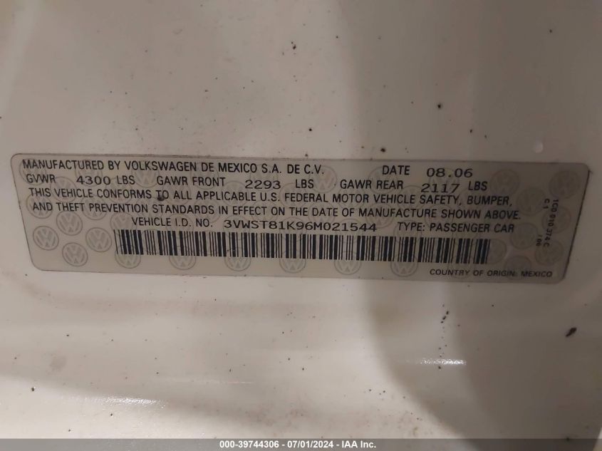2006 Volkswagen Jetta Tdi VIN: 3VWST81K96M021544 Lot: 39744306