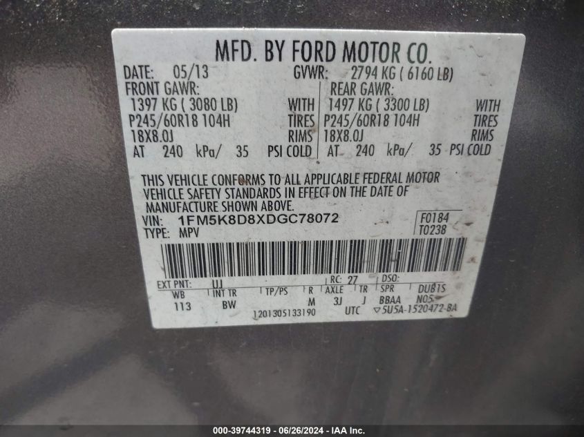 2013 Ford Explorer Xlt VIN: 1FM5K8D8XDGC78072 Lot: 39744319