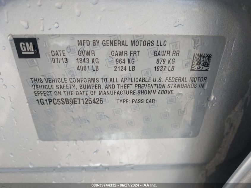 2014 Chevrolet Cruze Lt VIN: 1G1PC5SB9E7125426 Lot: 39744332