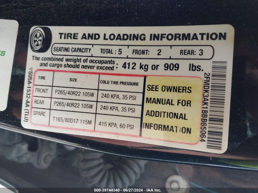 2011 Ford Edge Sport VIN: 2FMDK3AK1BBB65064 Lot: 39744340