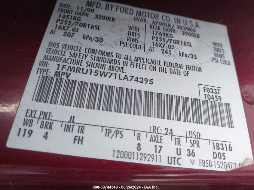 2001 Ford Expedition Xlt VIN: 1FMRU15W71LA74395 Lot: 39744349