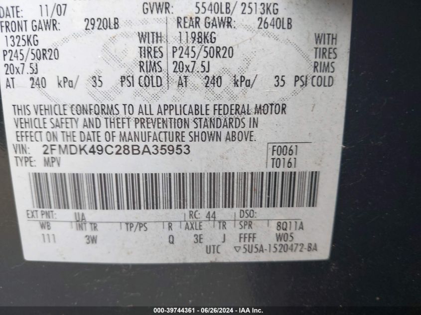 2008 Ford Edge Limited VIN: 2FMDK49C28BA35953 Lot: 39744361