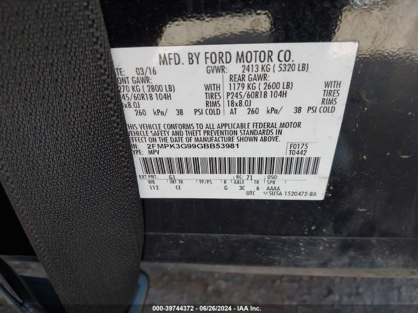 2016 Ford Edge Se VIN: 2FMPK3G99GBB53981 Lot: 39744372