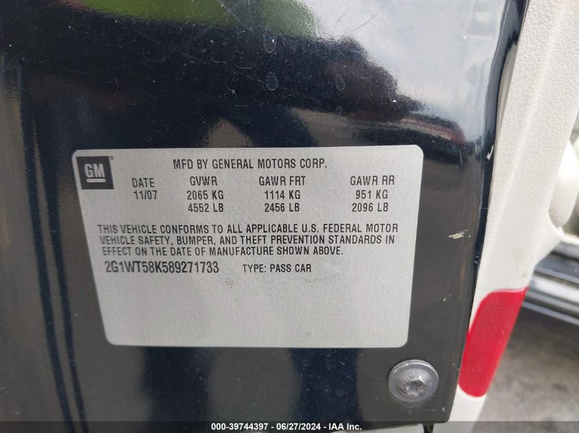 2008 Chevrolet Impala Lt VIN: 2G1WT58K589271733 Lot: 39744397