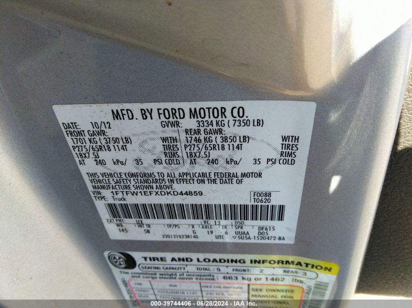 2013 Ford F-150 Fx4 VIN: 1FTFW1EFXDKD44859 Lot: 39744406