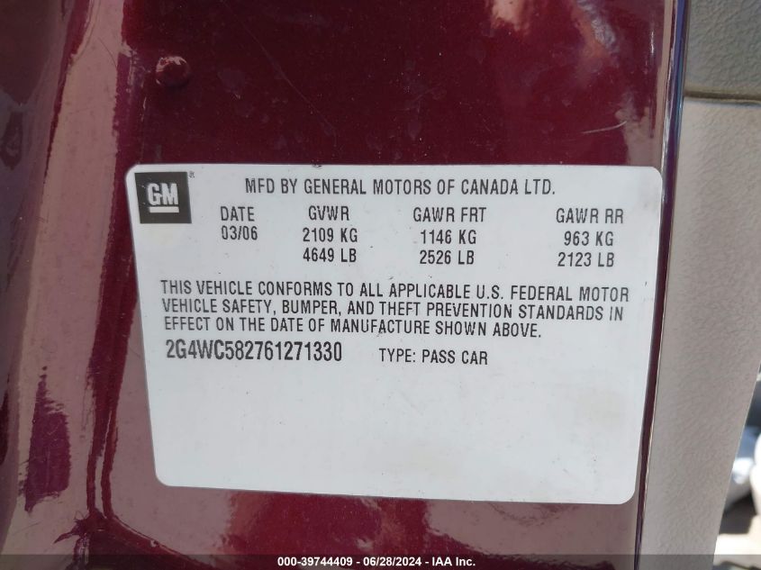 2006 Buick Lacrosse Cx VIN: 2G4WC582761271330 Lot: 39744409