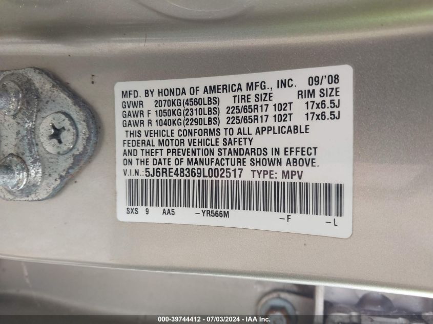 2009 Honda Cr-V Lx VIN: 5J6RE48369L002517 Lot: 39744412