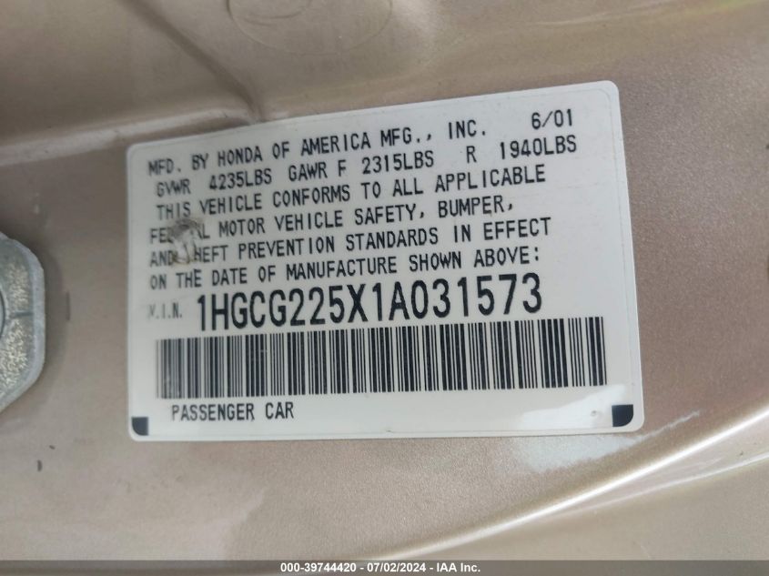 2001 Honda Accord 3.0 Ex VIN: 1HGCG225X1A031573 Lot: 39744420