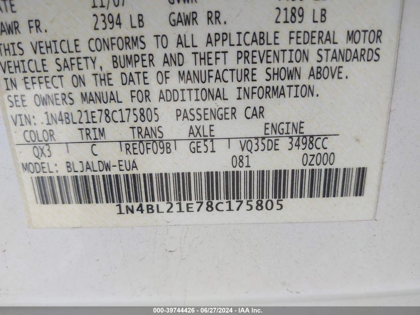 2008 Nissan Altima 3.5Se/3.5Sl VIN: 1N4BL21E78C175805 Lot: 39744426