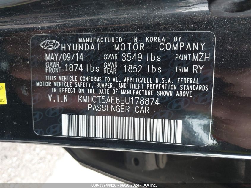 2014 Hyundai Accent Gs VIN: KMHCT5AE6EU178874 Lot: 39744428