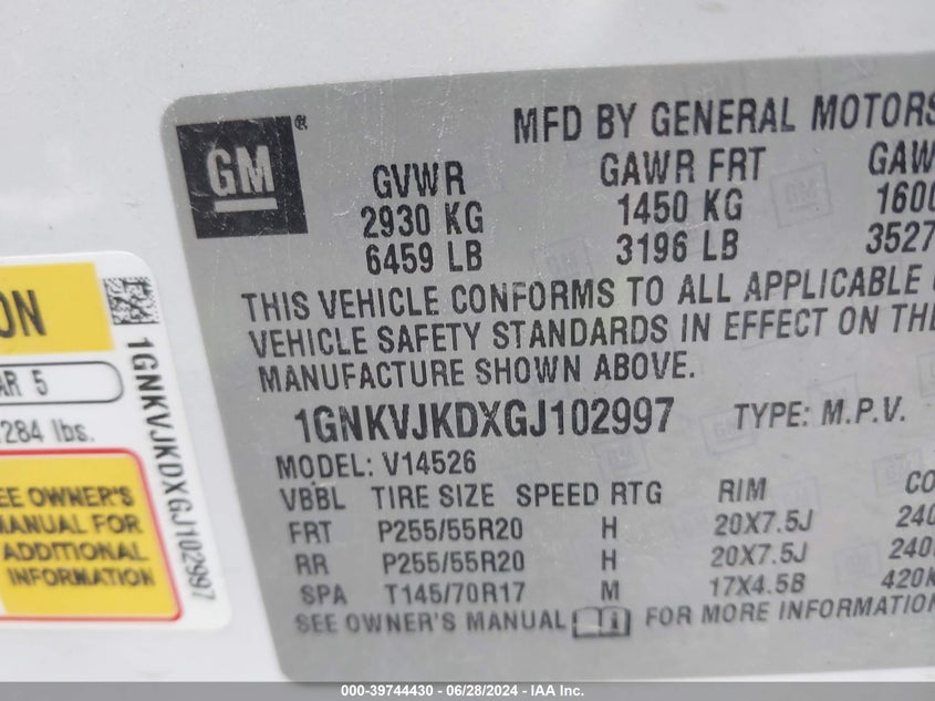 2016 Chevrolet Traverse Ltz VIN: 1GNKVJKDXGJ102997 Lot: 39744430